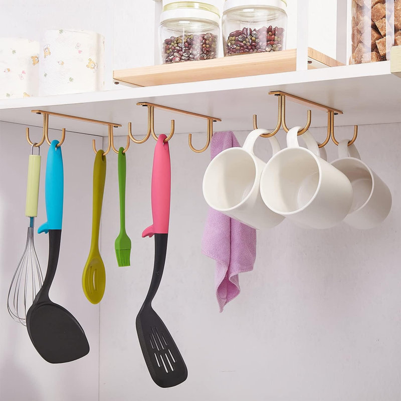 Mug Rack Under Cabinet Coffee Cup Holder 12 Mugs Hooks Under Shelf Display Hanging Cups Drying Hook For Bar Kitchen Utensils Gold